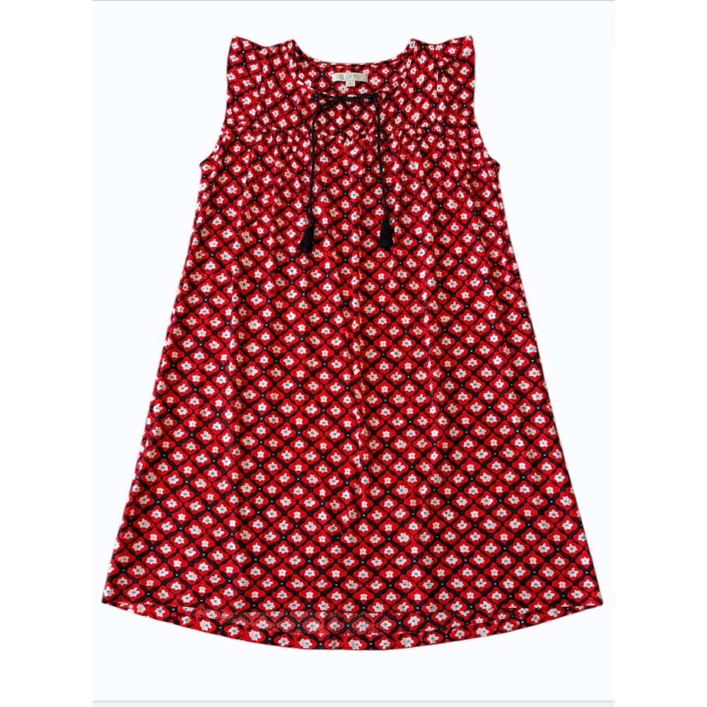 LOFT Red Floral Sleeveless‎ Shift Dress Tassel Tie V-Neck Size S Boho Geometric